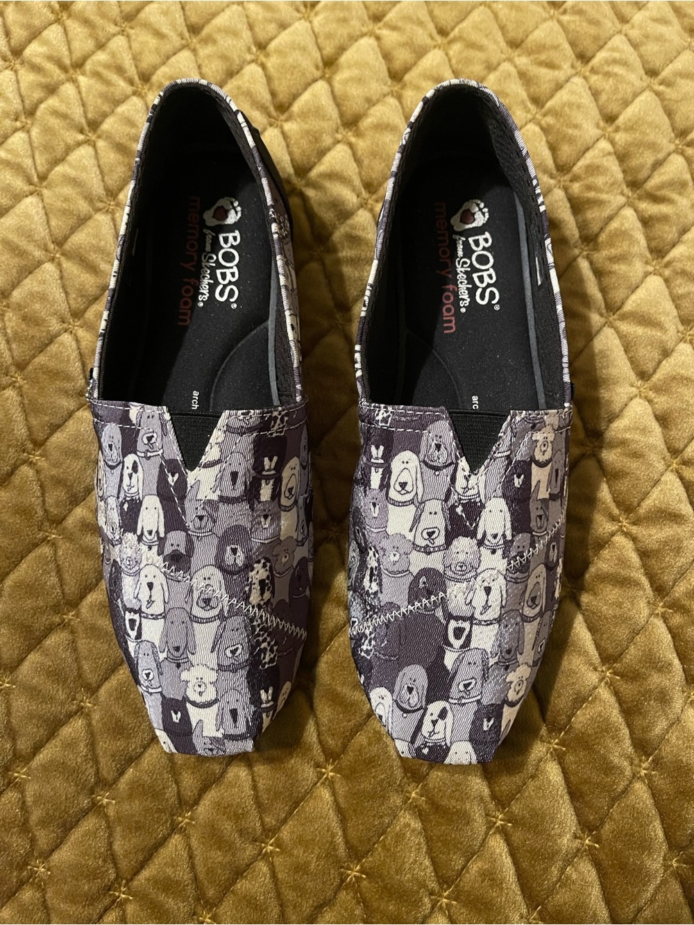 Skechers BOBS Slip-On Flats in Black and Gray Dog Print